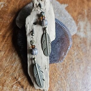 Handmade Feather Boho Earrings - Antique Bronze, Wood Beads & Amber Crystals